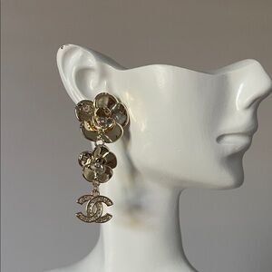 Gold Camellia Drop Earrings with CC Charm